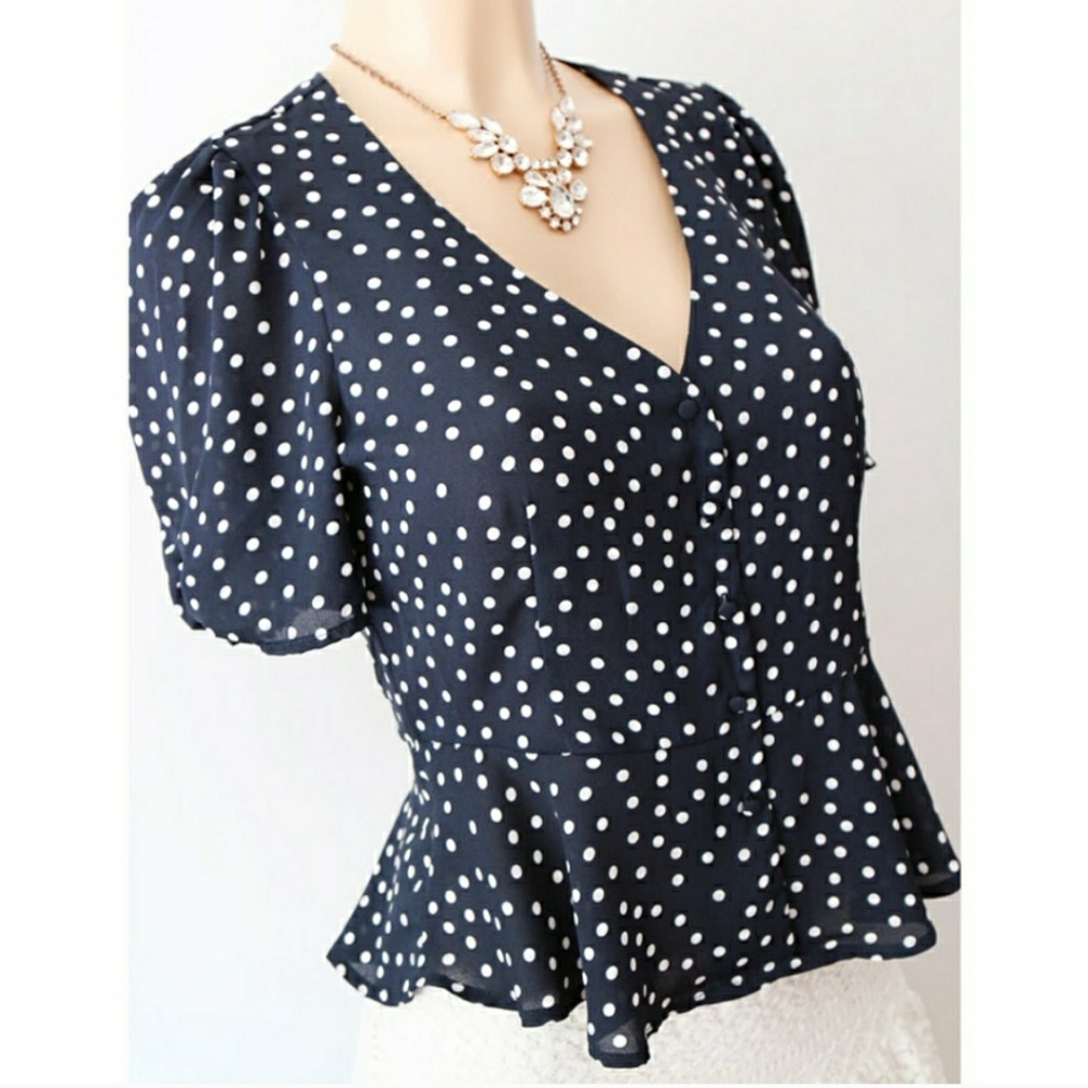 Navy polka dot deep v neck button peplum top